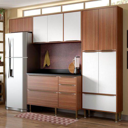 Cozinha Compacta com Tampo 11 Portas 5458 Nogueira/Branco - Multimóveis