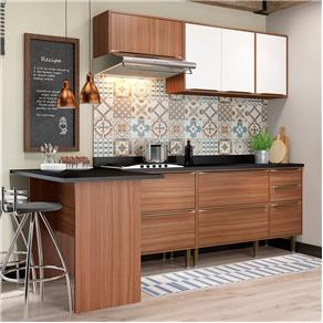 Cozinha Compacta com Tampo 7 Portas 5455 Nogueira/Branco - Multimóveis - Marrom