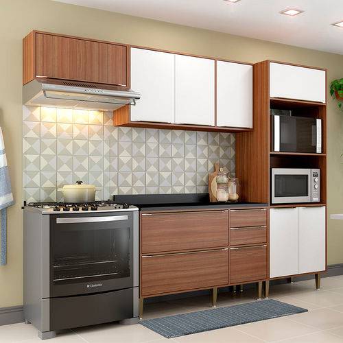 Cozinha Compacta com Tampo 9 Portas 5457 Nogueira/Branco - Multimóveis