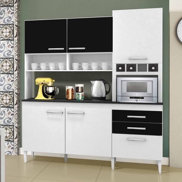 Cozinha Compacta Ébano 6 Portas e 2 Gavetas Branco e Preto - CHF Móveis - Chf Moveis