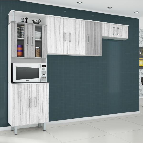 Cozinha Compacta 3 Peças 9 Portas em MDF/Vidro Suíça Poliman Móveis Branco/Platino/Cinza