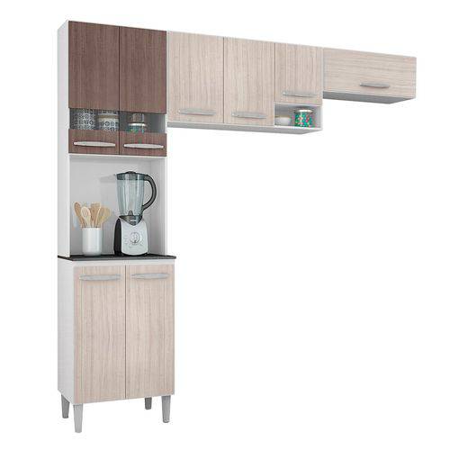 Cozinha Compacta Poquema Isadora 8 Portas, Detalhes Vidro e Nicho para Temperos Amêndoa e Capuccino