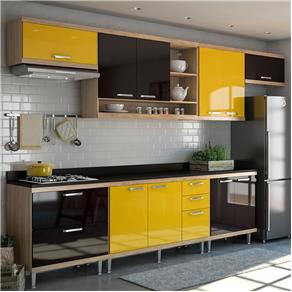 Cozinha Completa com Tampo 10 Portas 5801 Argila/Preto/Amarelo - Multimóveis - Marrom
