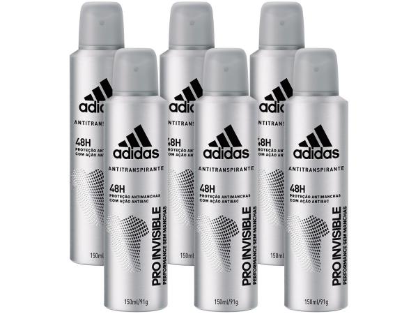 Desodorante Aerosol Antitranspirante Masculino - Adidas Pro Invisible 150ml 6 Unidades