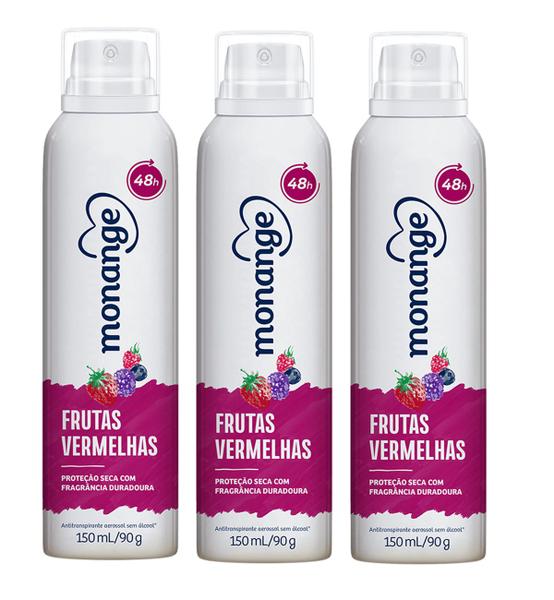 Desodorante Antitranspirante Aerosol Frutas Vermelhas Feminino 150ml Monange - 3 Unidades