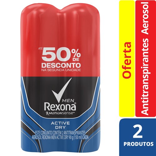 Desodorante Antitranspirante Rexona Men Active Dry Aerosol 2 Unidades 150g Cada com 50% de Desconto na 2ª Unidade