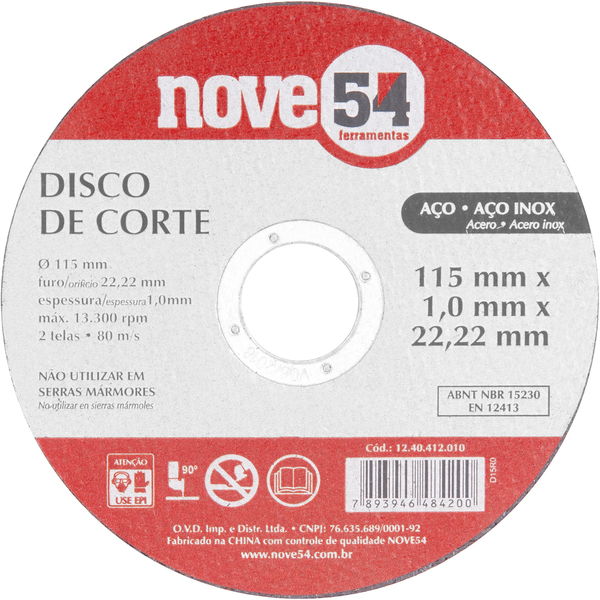 Disco de Corte 115,0x1,0x22,23 2 Telas Dcn - Nove54