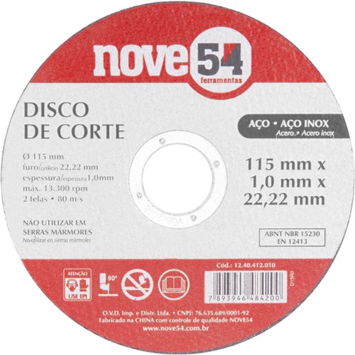 Disco de Corte para Metal e Inox 115 X 1,0 X 22,23 Mm - Nove54