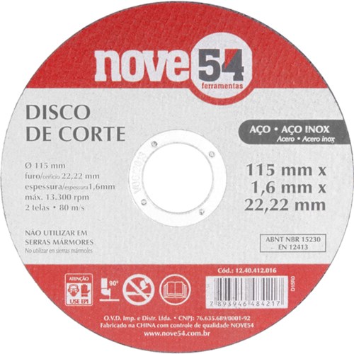 Disco de Corte para Metal e Inox 115 X 1,6 X 22,23 Mm - Nove54
