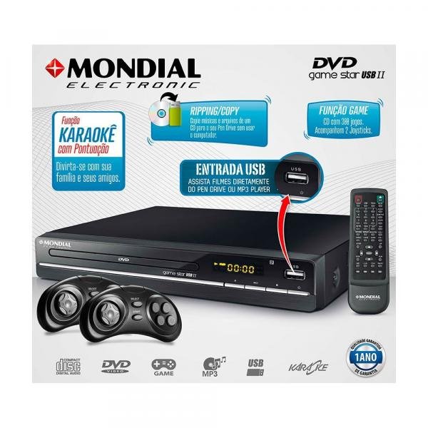 DVD Game Star Mondial 6010-01 com USB II com Karaokê Função Game Entrada USB e Ripping