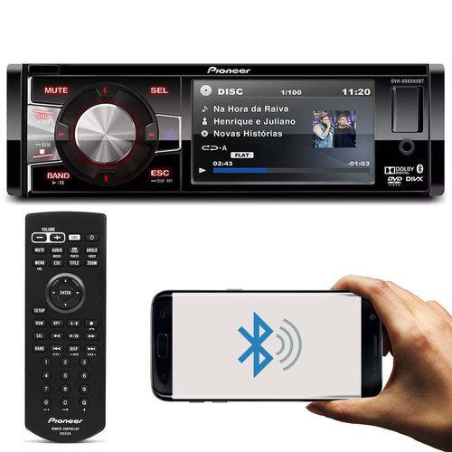 DVD Player Automotivo Pioneer Dvh-8880AVBT 1 Din 3,5 Pol Bluetooth USB Aux Cd MP3 Rca Wma Am Fm