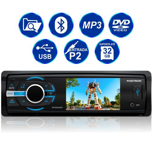 DVD Player Automotivo Pósitron SP4340BT 1 Din LCD Bluetooth 3 Polegadas