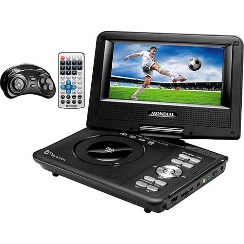 DVD Player Portátil Mondial Play Action Tela 7" Giratória com 600 Jogos, Função Ripping/Copy e Suporte para Carro