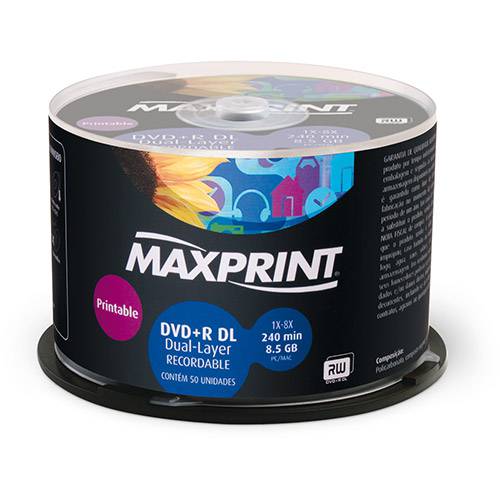 Tudo sobre 'DVD+R DL Printable Maxprint 8.5GB/240min 8x (Dual-Layer) (Bulk C/ 50)'