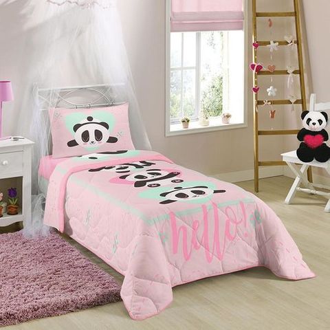 Edredom Infantil Solteiro Lepper -Estampado Panda Rosa