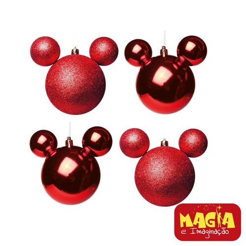 Enfeites de Natal Disney Bola Vermelha Mickey - Pack com 4 Bolas 8cm