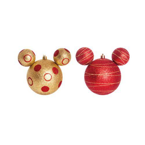 Enfeites de Natal Disney Mickey Bola Vermelho e Dourado Círculos e Linhas - Pack com 4 Bolas 8cm