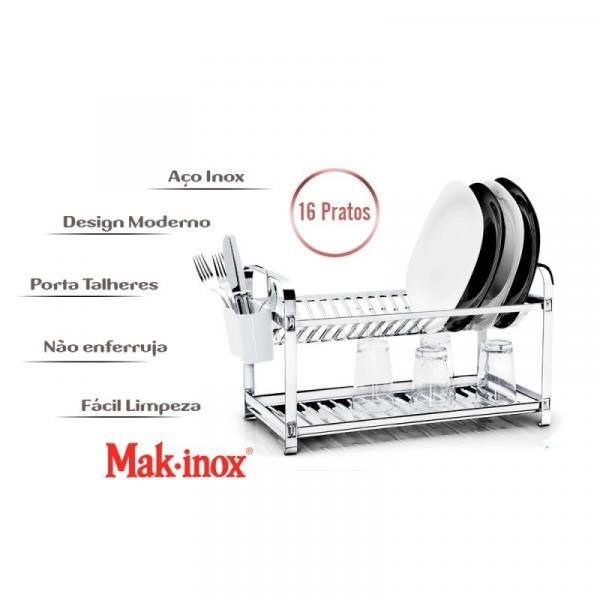 Escorredor de Louça 16 Pratos Inox com Porta Talher Plástico - Makinox - Mak Inox