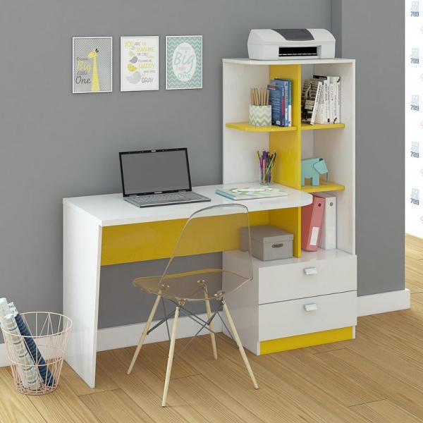 Escrivaninha/Mesa para Computador com Estante Elisa Branco/Amarelo Permobili