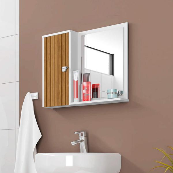 Espelheira para Banheiro 1 Porta 2 Prateleiras Gênova Móveis Bechara Branco/Ripado