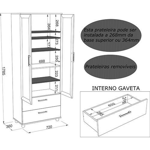 Tamanhos, Medidas e Dimensões do produto Estante Livramento 5 Prateleiras e Portas de Vidro - Branca - Politorno