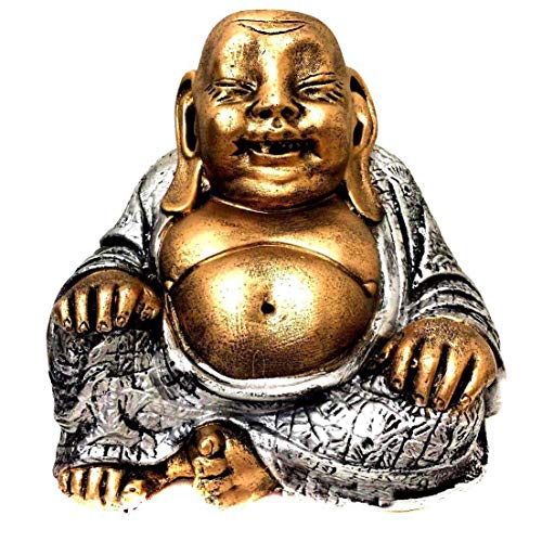 Estátua Buda Chinês Sorridente da Riqueza Dourado e Prateado 16cm