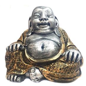 Estátua Buda Chinês Sorridente Riqueza Prata e Dourado 16Cm