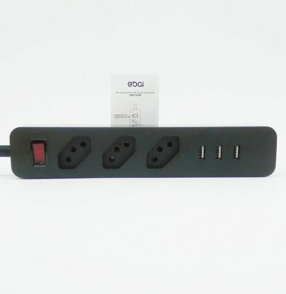 Extensão Régua Bivolt com 3 Tomadas - 3 Entradas USB 1,5m Ebai