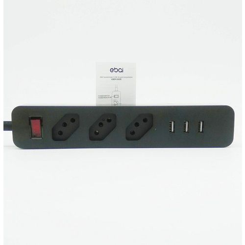 Extensão Régua Bivolt com 3 Tomadas - 3 Entradas USB 1,5m Ebai