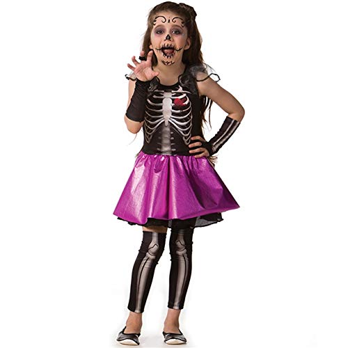Fantasia de Halloween Infantil Feminina Esqueletinha Caveira com Luva e Meia Calça G 9-10