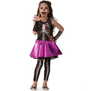 Fantasia de Halloween Infantil Feminina Esqueletinha Caveira com Luva e Meia Calça - P