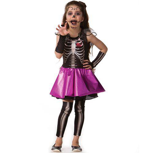 Tudo sobre 'Fantasia de Halloween Infantil Feminina Esqueletinha Caveira com Luva e Meia Calça'