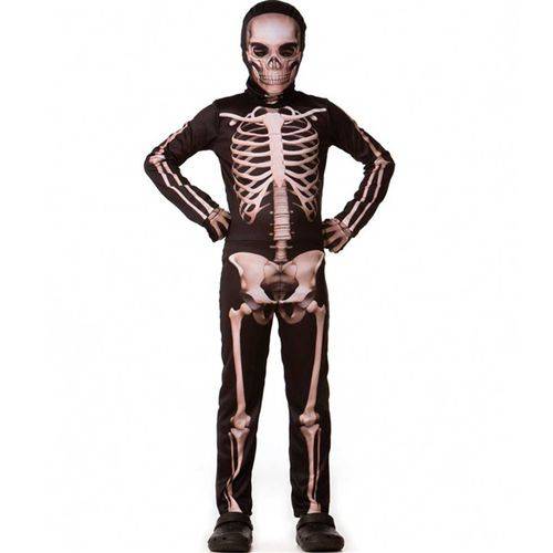 Fantasia de Halloween Infantil Masculino Esqueleto com Gorro Estampado