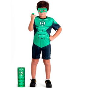 Fantasia Lanterna Verde Infantil Masculina Pop Curta Sulamericana com Mascara e Anel - G / 9 - 12