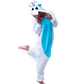 Fantasia Macacão de Unicórnio Kigurumi Adulto Branco e Azul com Gorro - G 46 - 48