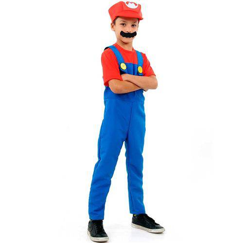 Fantasia Super Mario Luxo Infantil com Chapéu e Bigode