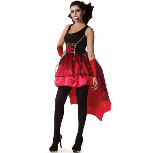 Tudo sobre 'Fantasia Vampira Adulto Feminino Luxo Halloween Completa com Luvas e Dentadura'