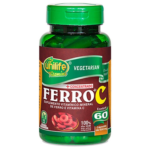 Ferro com Vitamina C - 60 Cápsulas 500 Mg Unilife