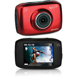Filmadora Sport FS201 Vermelha com 4x Zoom Digital, Filma em HD, LCD Touch 2", Saída USB + Case à Prova D' Água e Suportes para Fixação em Bicicleta e Capacete - NewLink