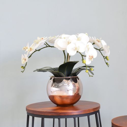 Flores Artificiais Arranjo de Orquídeas Branco Artificial no Vaso Rose Gold|linha Permanente Formosinha