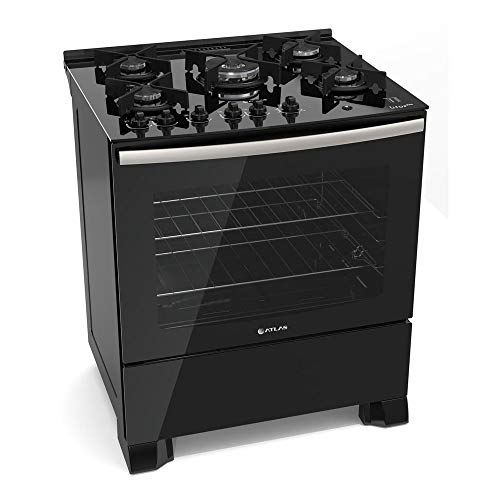 Fogão 5 Bocas Atlas UTop Glass Preto com Mesa de Vidro - Bivolt