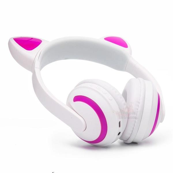 Fone de Ouvido Bluetooth Orelhas de Gato com LED Branco Rosa - Xtrad