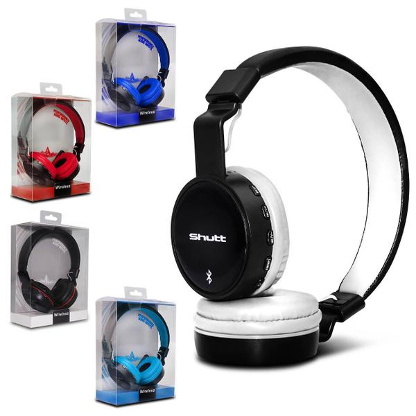 Fone de Ouvido Bluetooth Sem Fio Shut Basic P2 Micro SD Rádio FM MP3 Azul Branco Preto e Vermelho - Shutt
