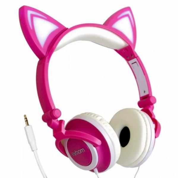 Fone de Ouvido Headphone Bluetooth Orelha de Gato com Led Rosa - Exbom