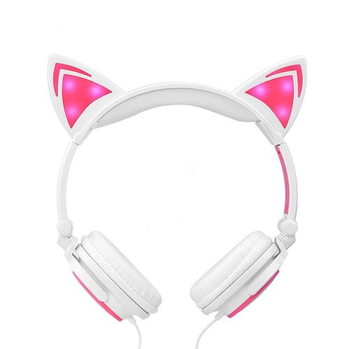 Fone de Ouvido Orelhas de Gato com LED Branco Rosa
