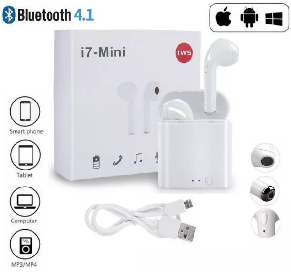 Fone Ouvido Bluetooth I7s 4.2 Par Tws Sem Fio Branco Case Base Carregadora Abafarto