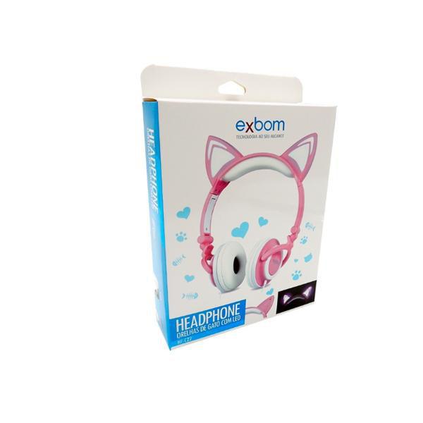 Fone Ouvido Headphone com Fio Estéreo Orelha Gato Gatinho Led Infantil P2 Exbom Hf-c22 Rosa Branco