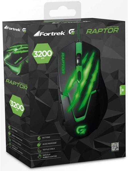 Fortrek OM-801, Mouse Gamer USB, 3200 DPI, Preto/Verde