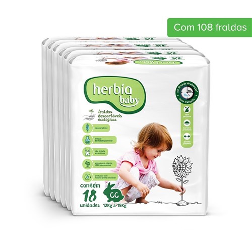 Fralda Ecológica Descartável GG Herbia Baby Pacote Jumbo de 6 Pacotes com 18 Uni Cada