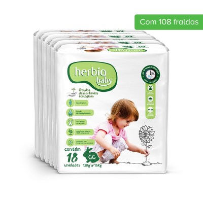 Fralda Ecológica Descartável GG Herbia Baby Pacote Jumbo de 6 Pacotes com 18 Uni Cada